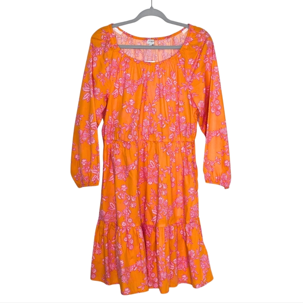 J. Crew Factory Floral Cotton Dress Orange/Pink Tiered 3/4 Sleeve Size 14